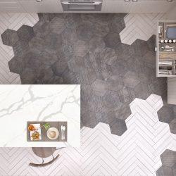 Scandinavian kitchen, with island, tiles and parquet floor, top view, contemporary interior design